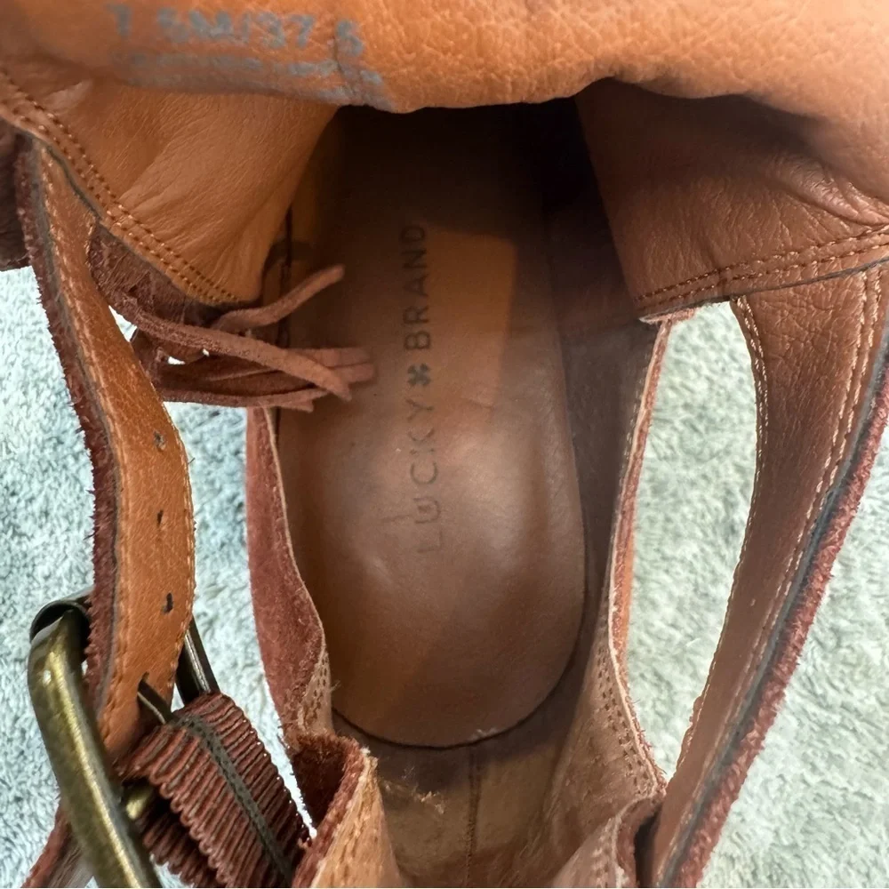 Lucky Brand Makenna Brown Suede Ankle Boots Square Toe Fringe Boho 7.5